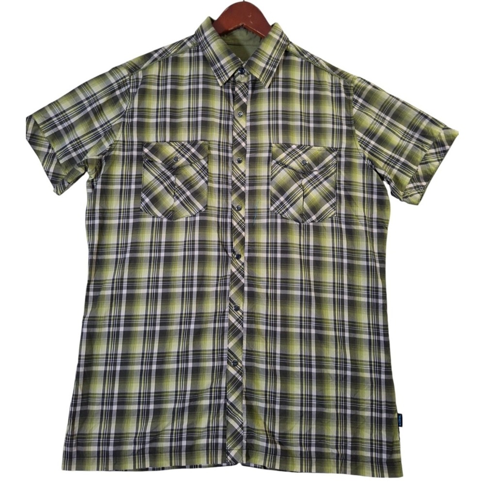 Kuhl Eluxur Shirt Men's Small Green Plaid Pearl Snap Short Sleeve Casual Outdoor